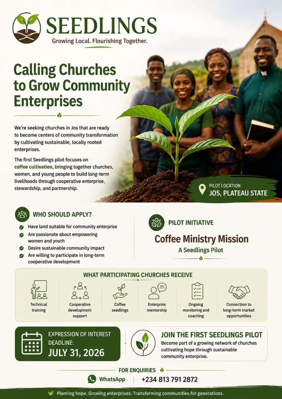 Church members in Jos, Plateau State, standing together beside young coffee seedlings
